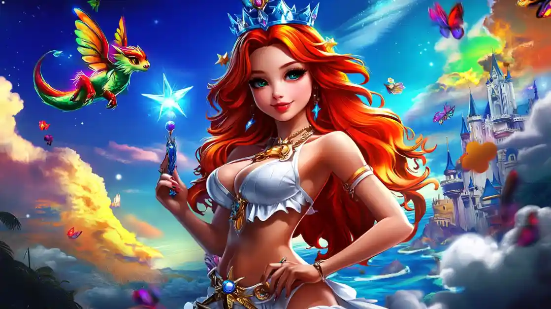 A vibrant fantasy scene featuring a beautiful princess with fiery red hair and a crown, holding a magic wand, with a small winged dragon and a fairytale castle in the background, embodying the magical world of 3777bd.
