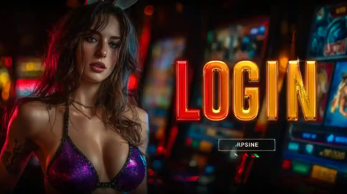 A captivating woman in a shimmering top stands beside a prominent LOGIN interface, with 3777bd slot machines softly blurred in the background, inviting users to enter the world of 3777bd.