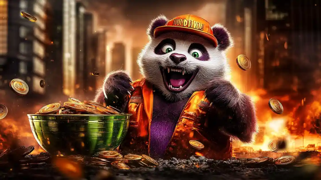 A cheerful panda character wearing an orange cap and jacket, surrounded by golden coins and a bowl of money, symbolizing wealth and good fortune with 3777bd.