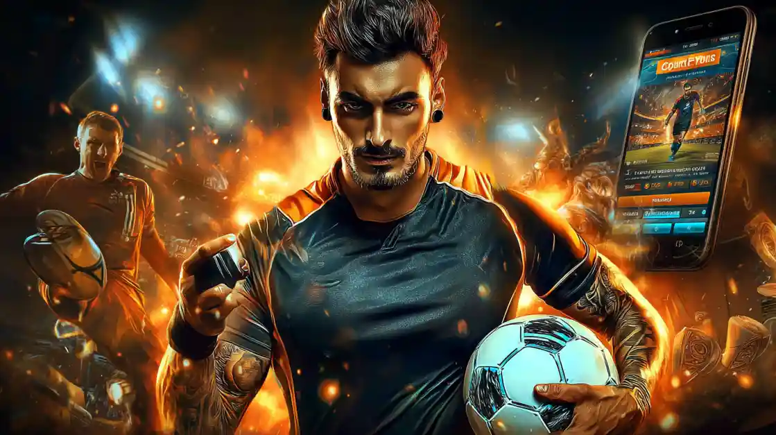 An intense male soccer player with tattoos holds a football, looking confidently at the camera with a 3777bd sports betting app on a phone beside him, all set against a fiery action background.