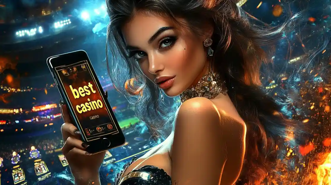 An alluring woman holds a smartphone with the best casino app from 3777bd glowing on the screen, set against the backdrop of a brightly lit stadium and ambient flames.