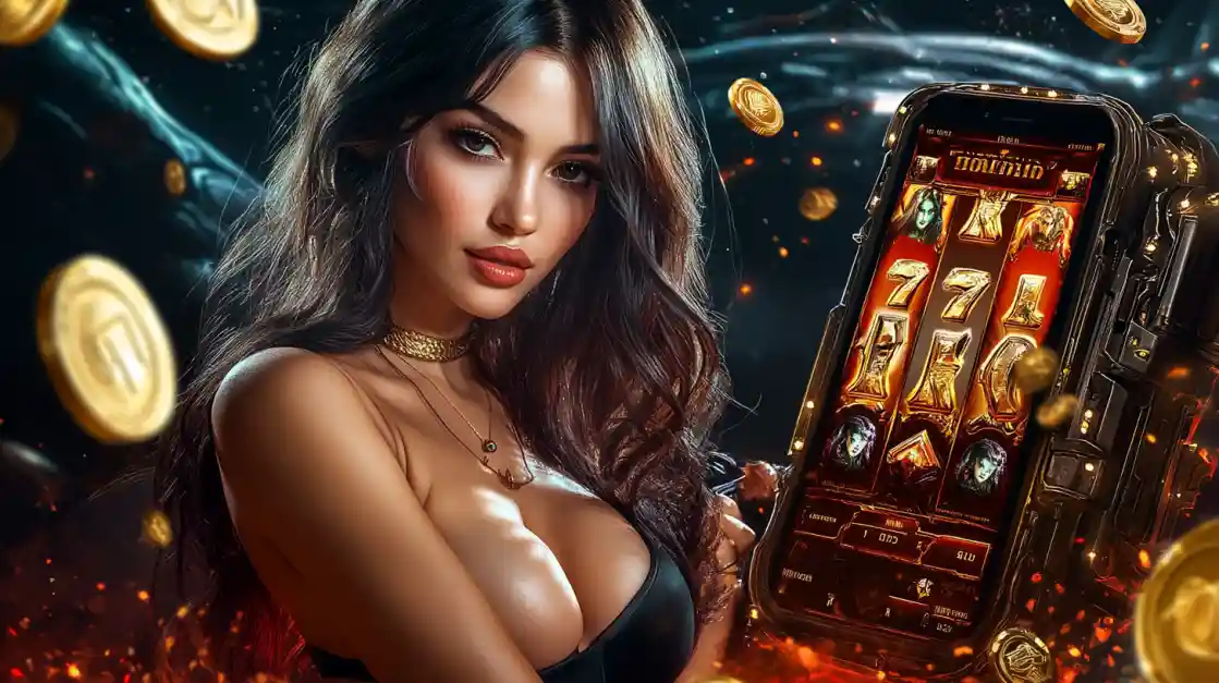 A beautiful woman in a black top looks confidently at the viewer while holding a smartphone displaying a 3777bd mobile slot game with 777 symbols and golden coins.